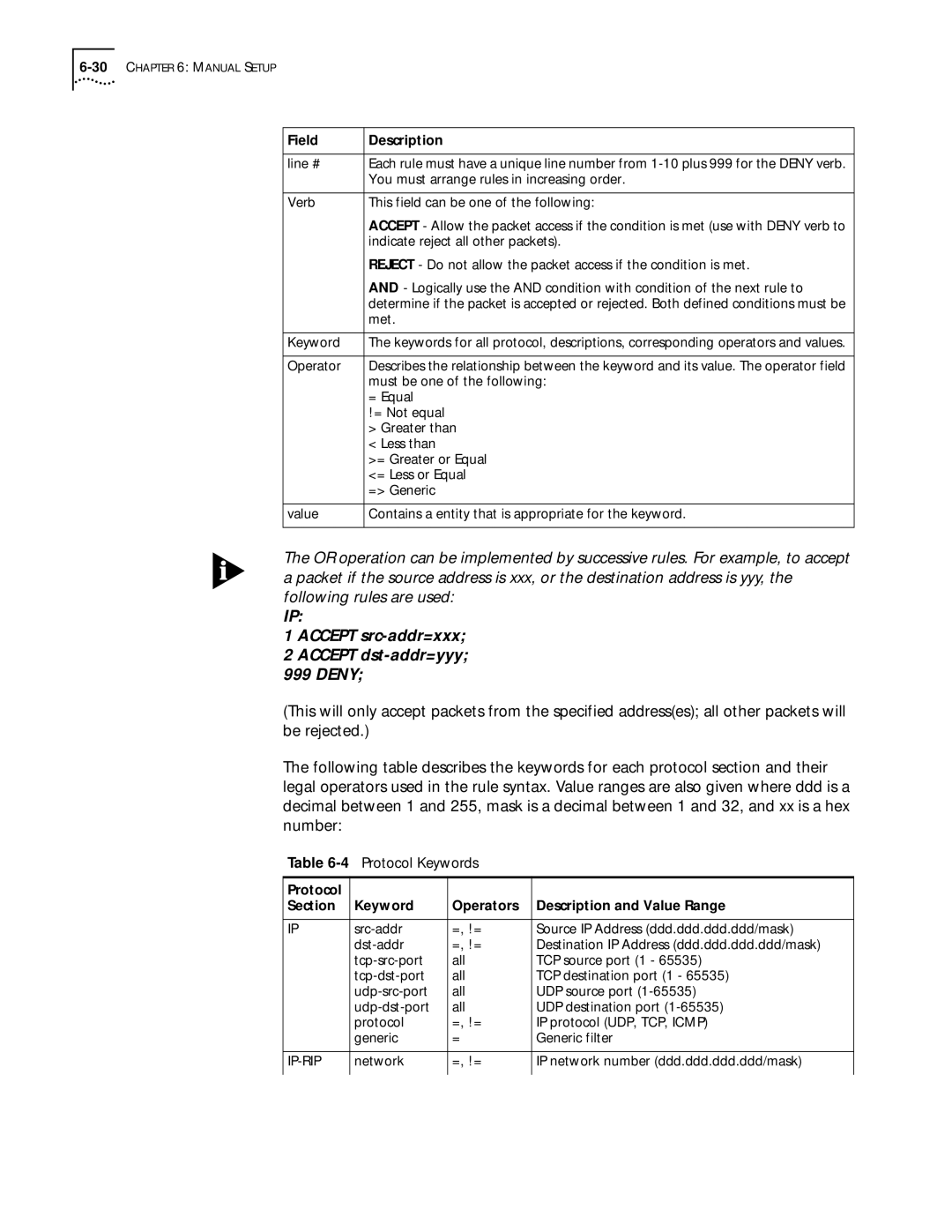 3Com 812 manual Accept src-addr=xxx Accept dst-addr=yyy Deny 