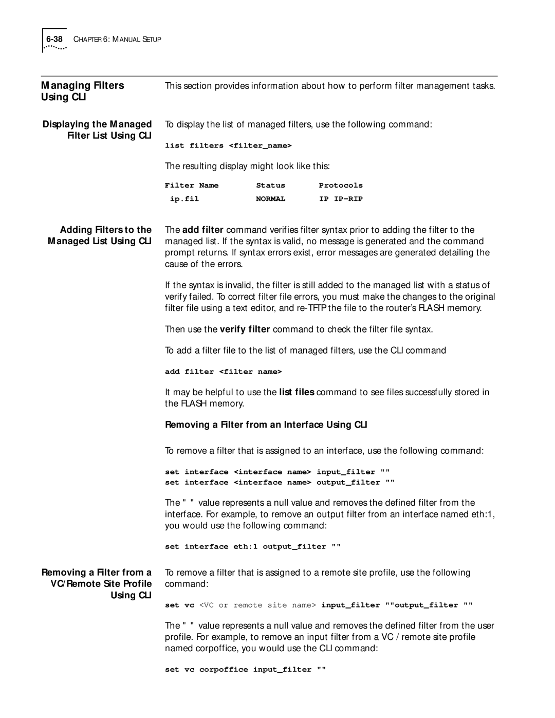 3Com 812 Filter List Using CLI, Adding Filters to, Removing a Filter from an Interface Using CLI, VC/Remote Site Profile 