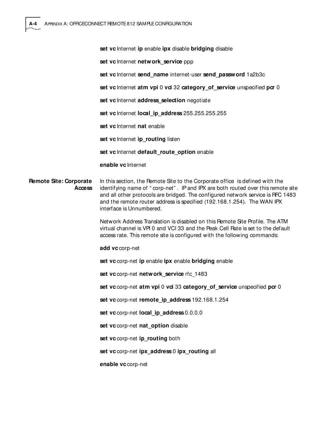 3Com manual Set vc Internet nat enable, 4APPENDIX a Officeconnect Remote 812 Sample Configuration 