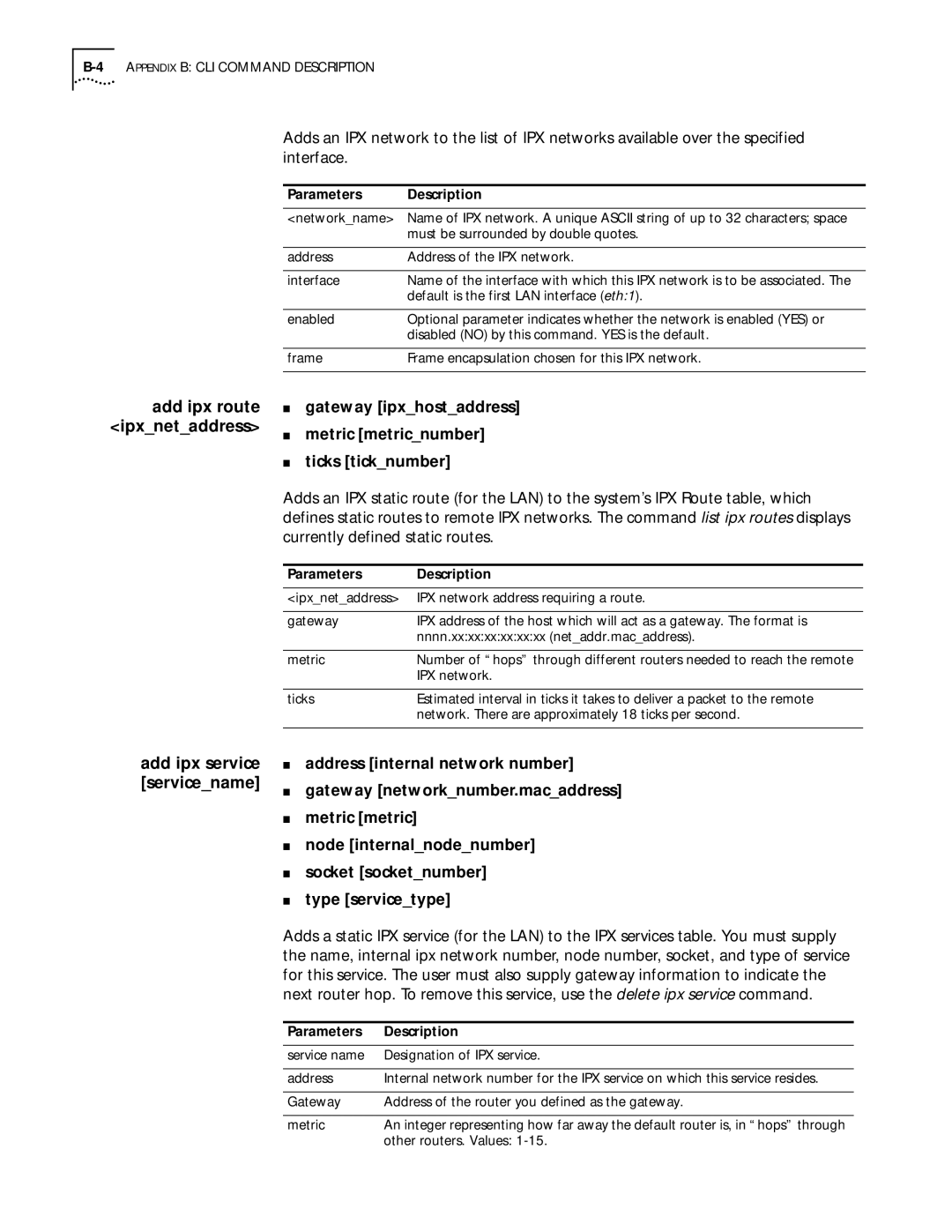 3Com 812 manual Add ipx service servicename, Type servicetype, 4APPENDIX B CLI Command Description 