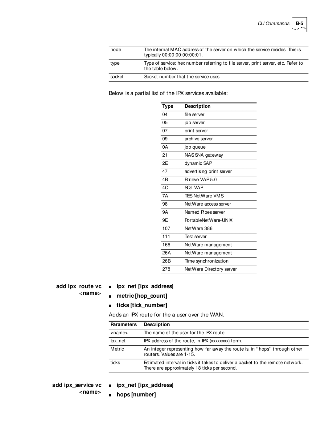 3Com 812 manual Below is a partial list of the IPX services available, Ipxnet ipxaddress Metric hopcount Ticks ticknumber 