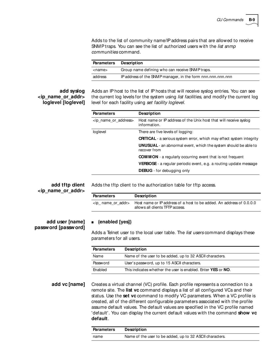 3Com 812 manual Ipnameoraddr, Add user name Enabled yes, Parameters for all users, Add vc name, Default 