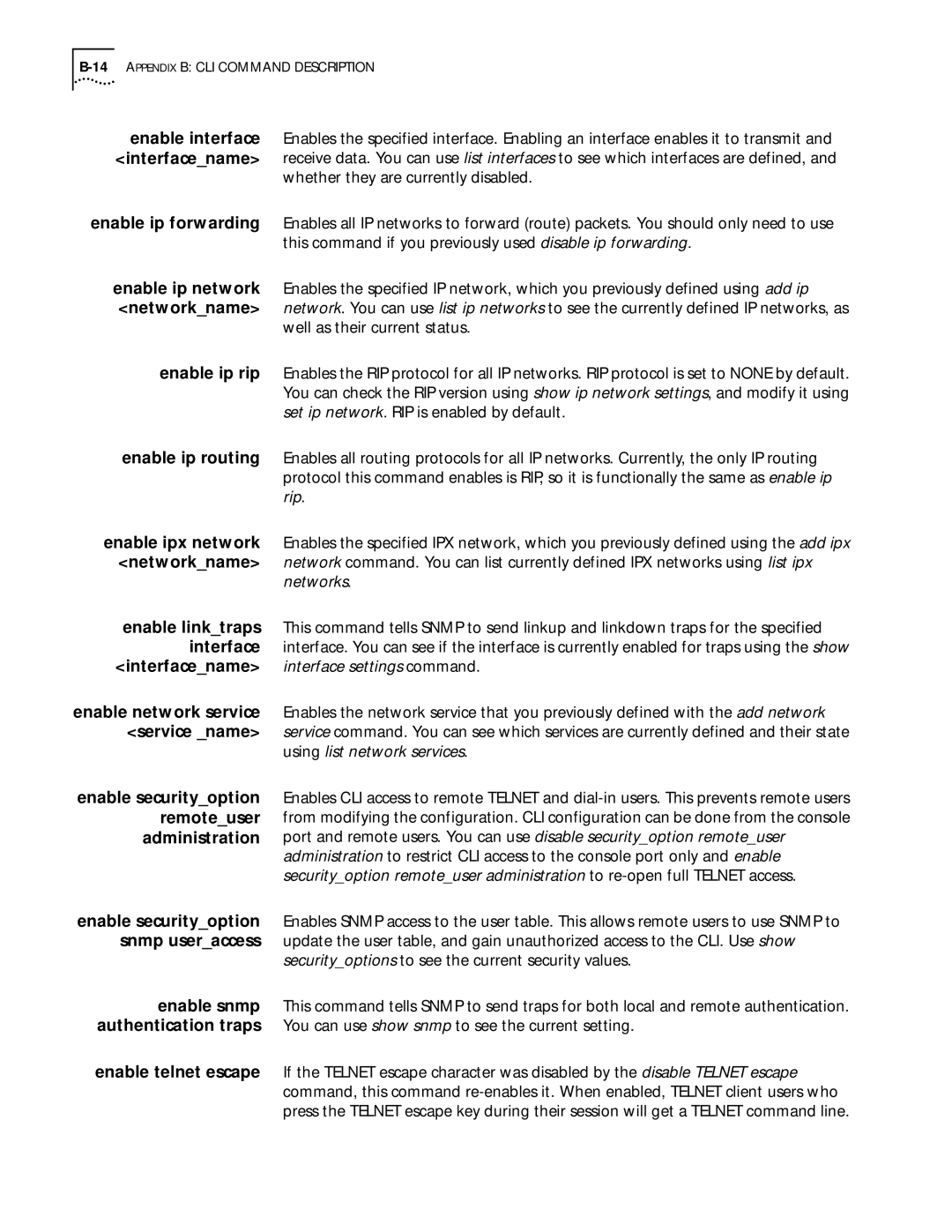 3Com 812 manual Networks, 14APPENDIX B CLI Command Description 