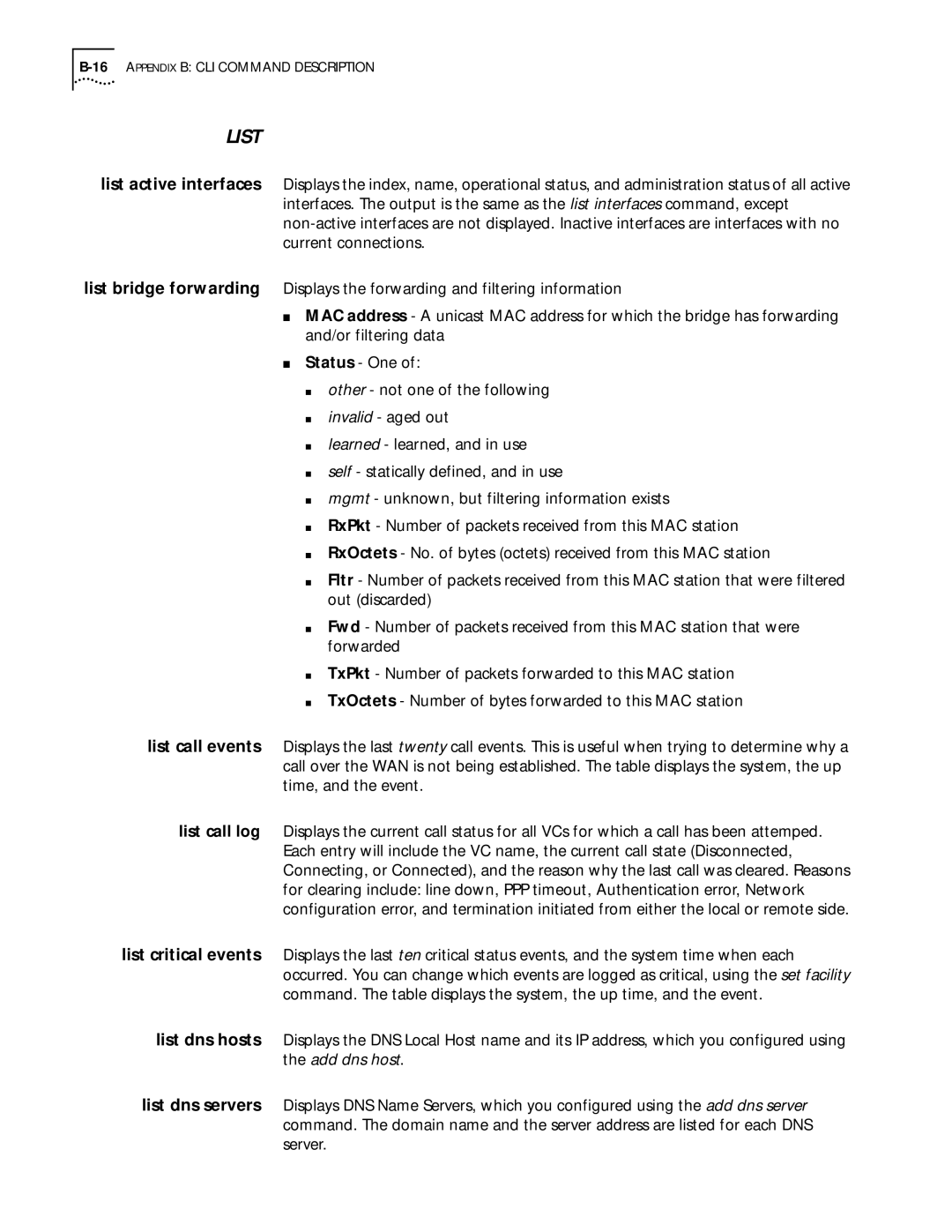 3Com 812 manual List, 16APPENDIX B CLI Command Description 