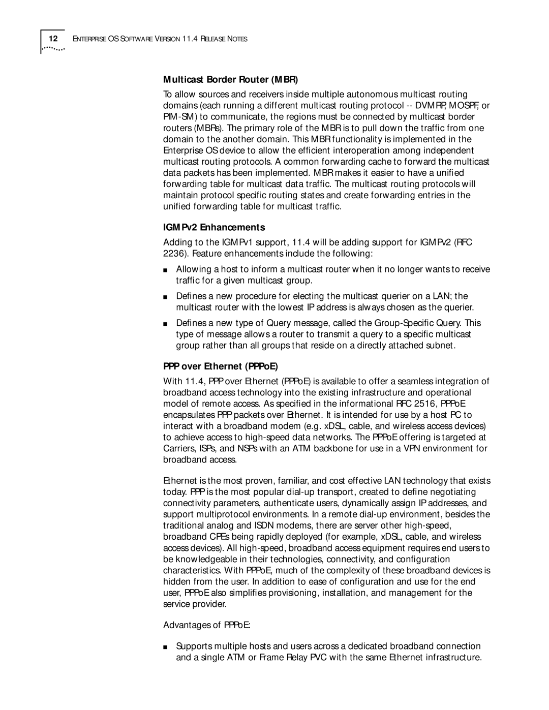 3Com 86-0621-000, C36460T software manual Multicast Border Router MBR, IGMPv2 Enhancements, PPP over Ethernet PPPoE 