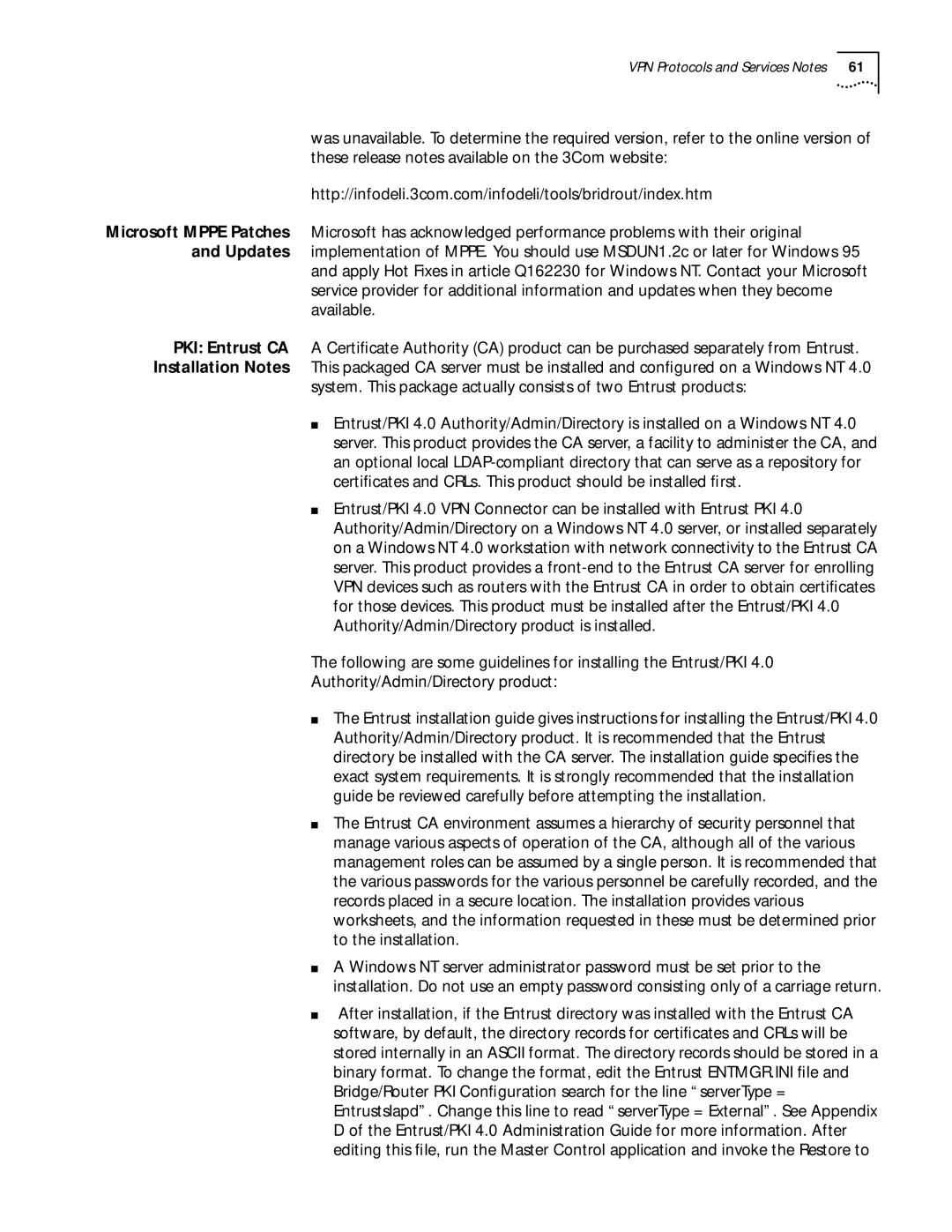 3Com C36460T, 86-0621-000 software manual VPN Protocols and Services Notes 