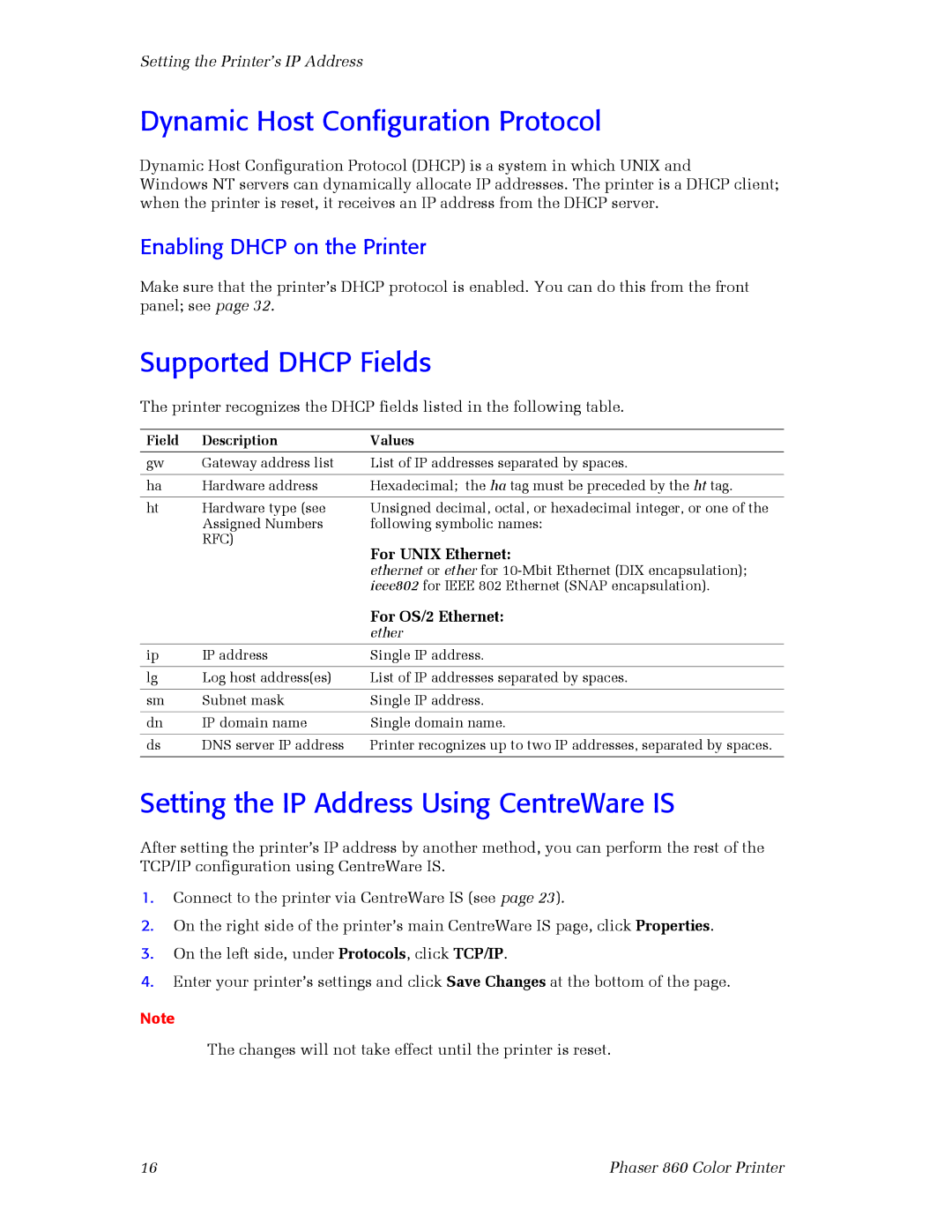 3Com 860 setup guide Dynamic Host Configuration Protocol, Supported Dhcp Fields, Setting the IP Address Using CentreWare is 