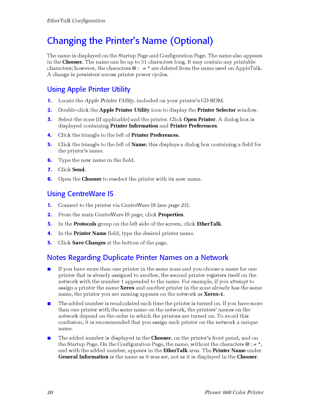 3Com 860 setup guide Changing the Printer’s Name Optional, Using Apple Printer Utility, Using CentreWare is 