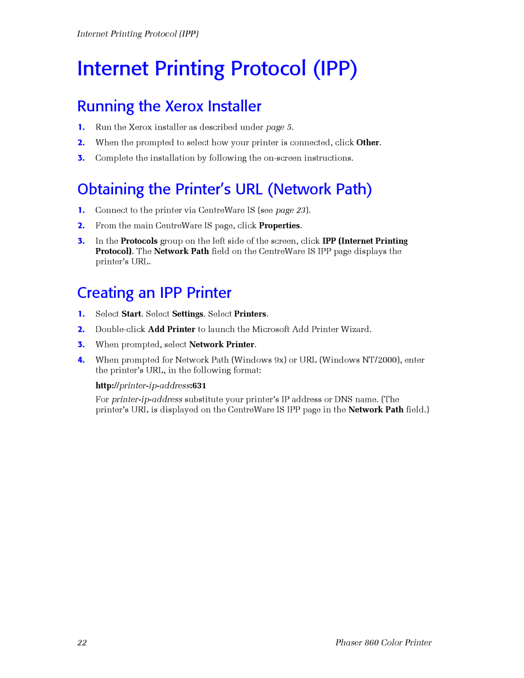 3Com 860 setup guide Internet Printing Protocol IPP, Running the Xerox Installer, Obtaining the Printer’s URL Network Path 