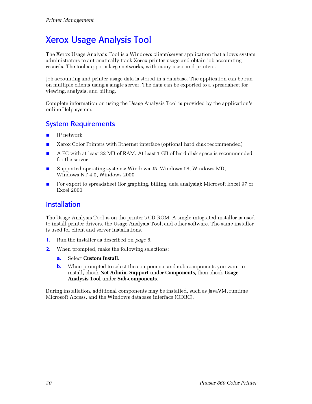 3Com 860 setup guide Xerox Usage Analysis Tool, System Requirements, Installation 