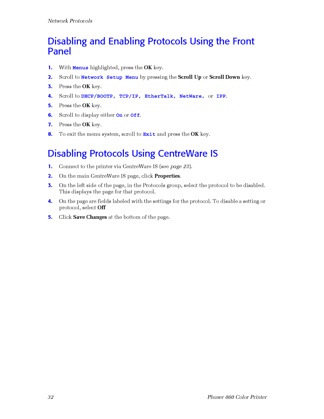 3Com 860 setup guide Disabling and Enabling Protocols Using the Front Panel, Disabling Protocols Using CentreWare is 