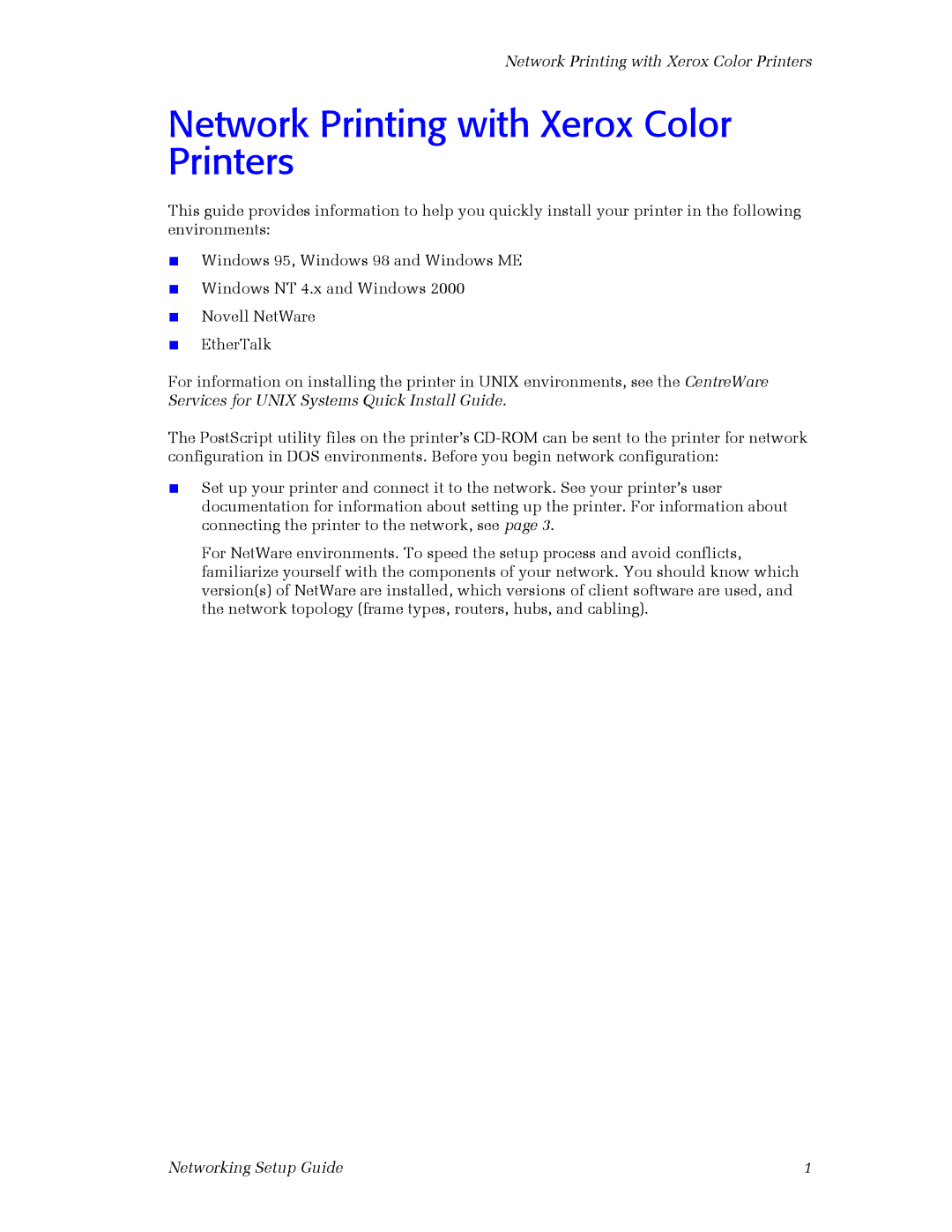 3Com 860 setup guide Network Printing with Xerox Color Printers 