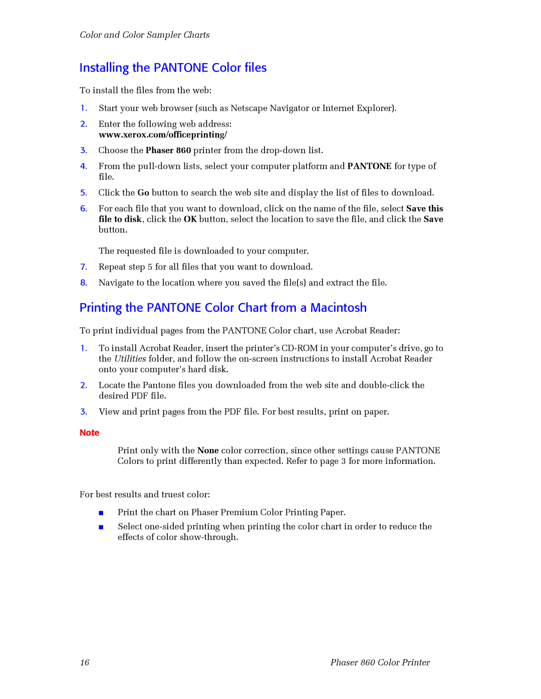 3Com 860 manual Installing the Pantone Color files, Printing the Pantone Color Chart from a Macintosh 