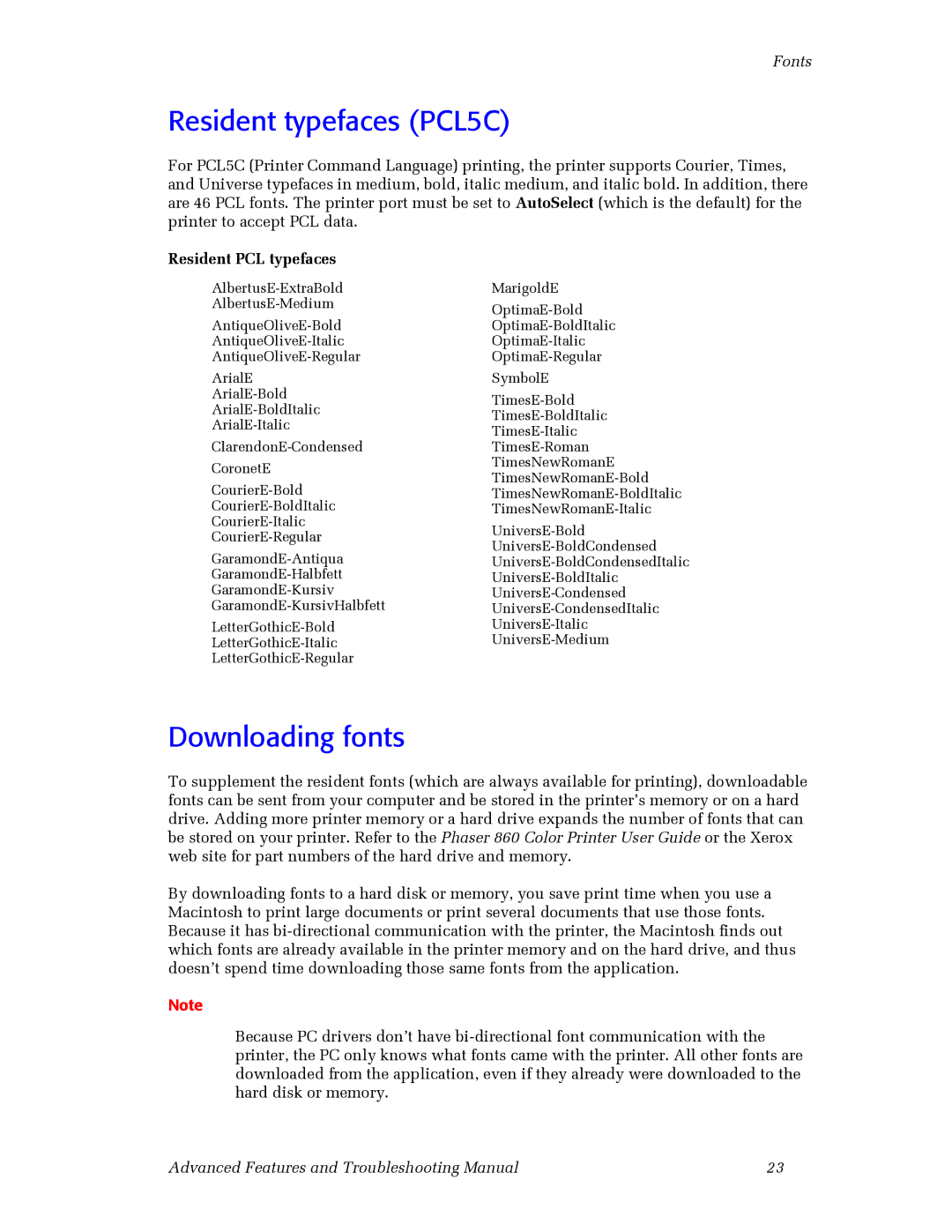 3Com 860 manual Resident typefaces PCL5C, Downloading fonts, Resident PCL typefaces 