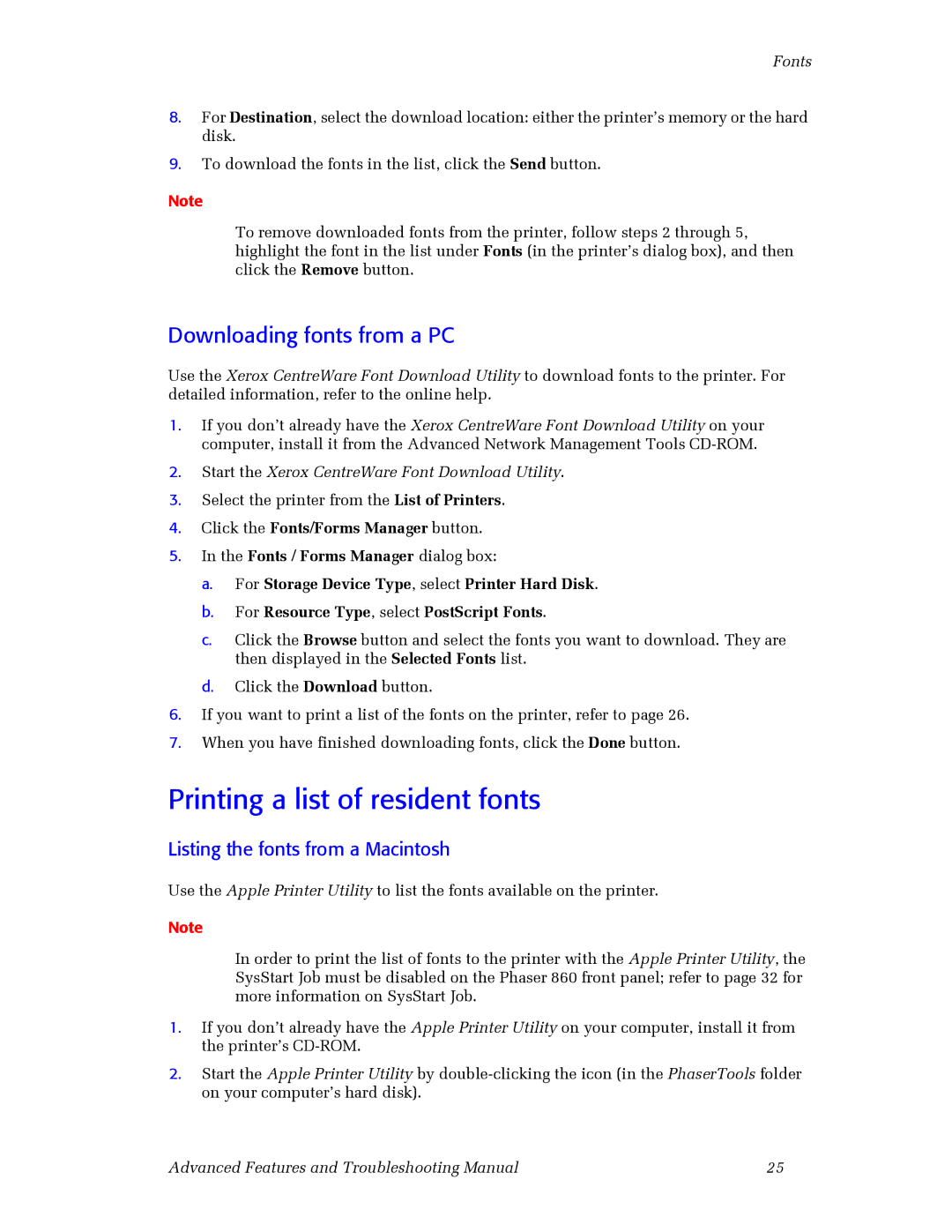 3Com 860 manual Printing a list of resident fonts, Downloading fonts from a PC, Listing the fonts from a Macintosh 