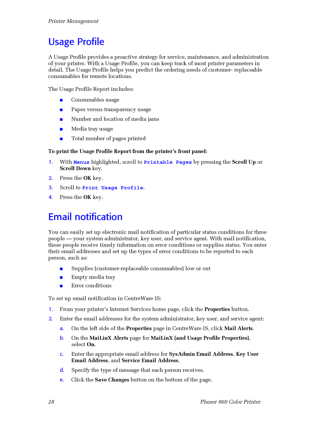 3Com 860 manual Usage Profile, Email notification 