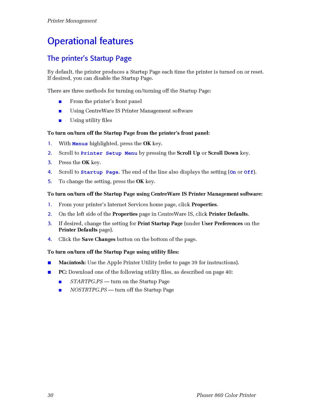 3Com 860 manual Operational features, Printer’s Startup, To turn on/turn off the Startup Page using utility files 