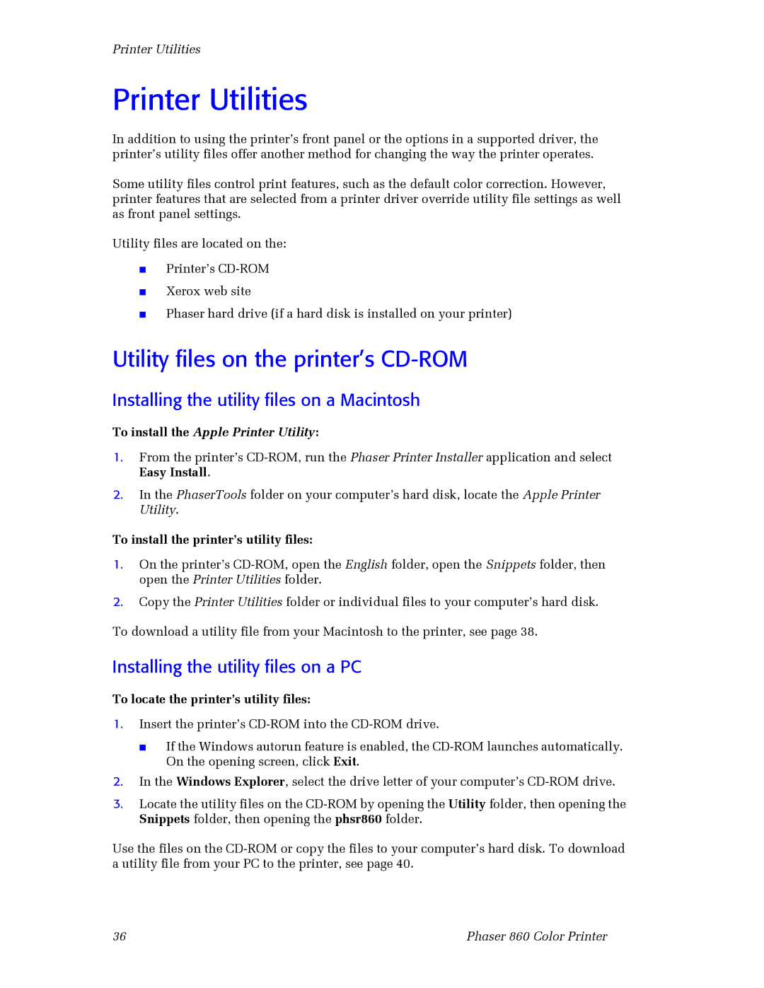 3Com 860 manual Printer Utilities, Utility files on the printer’s CD-ROM, Installing the utility files on a Macintosh 