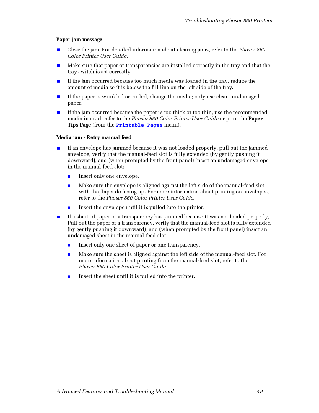 3Com 860 Paper jam message, Media jam Retry manual feed 