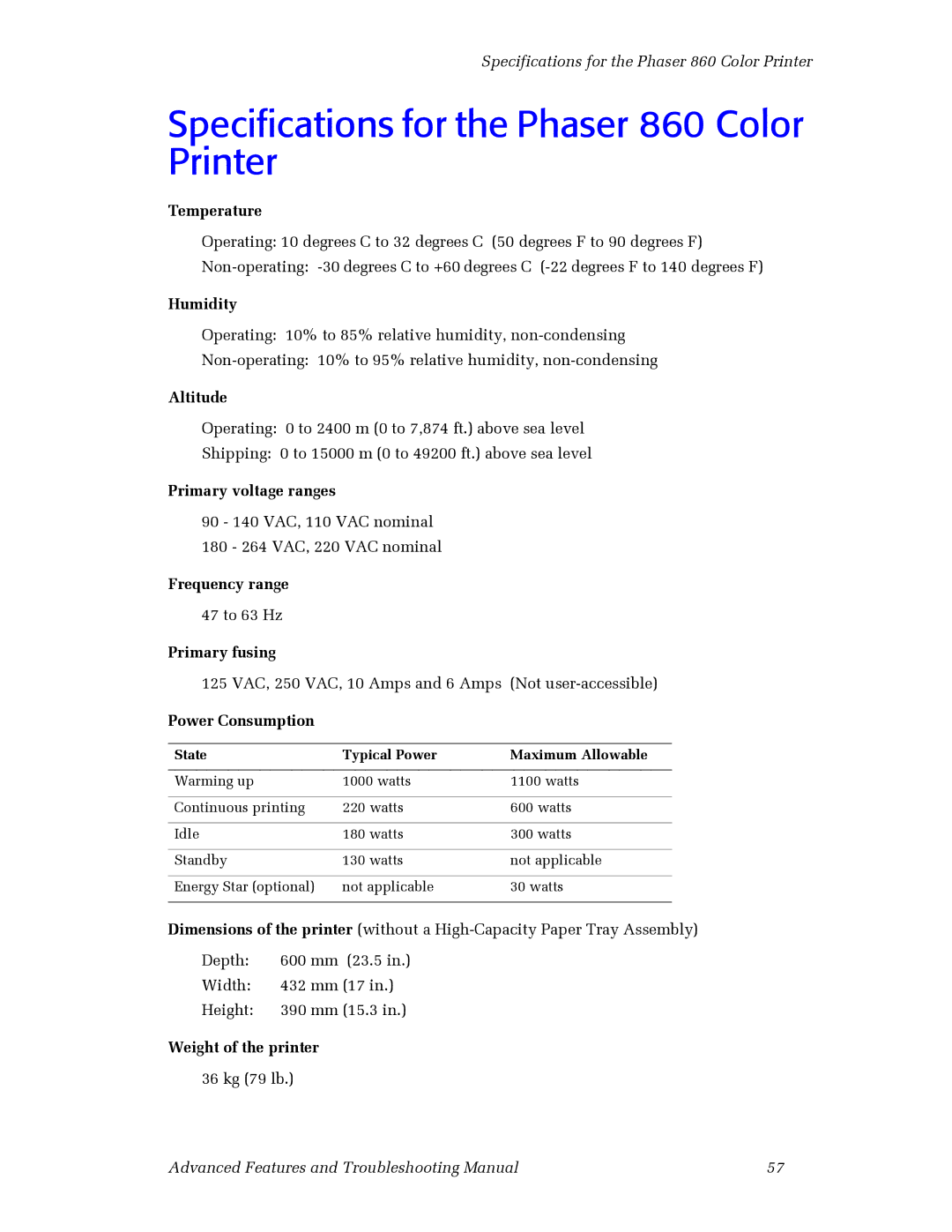 3Com manual Specifications for the Phaser 860 Color Printer 