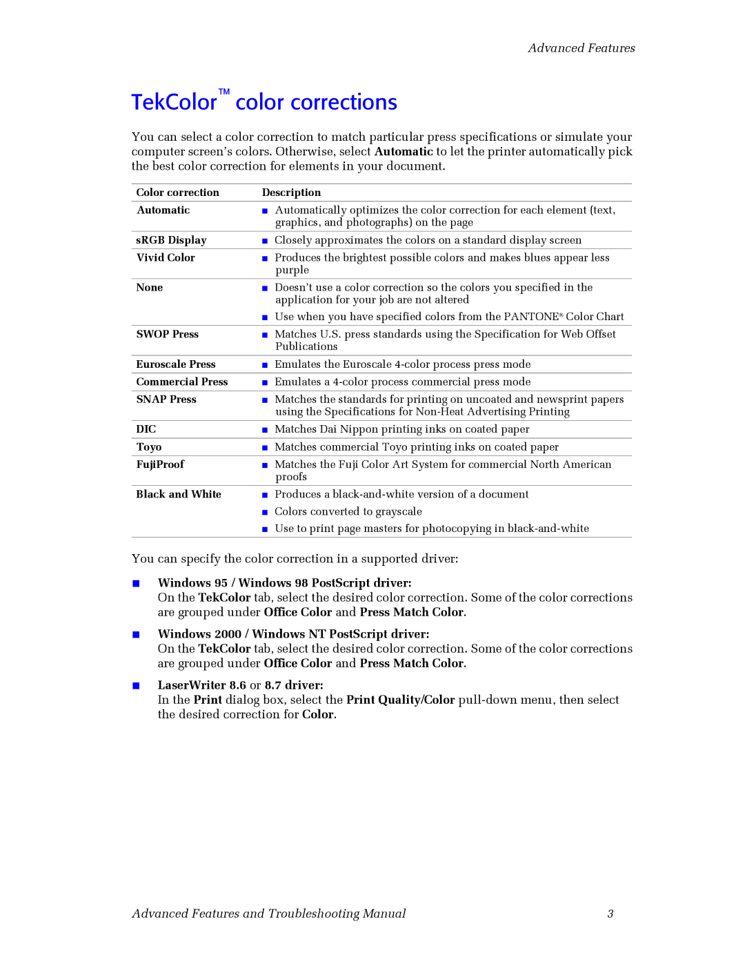 3Com 860 manual TekColor color corrections, Windows 2000 / Windows NT PostScript driver 