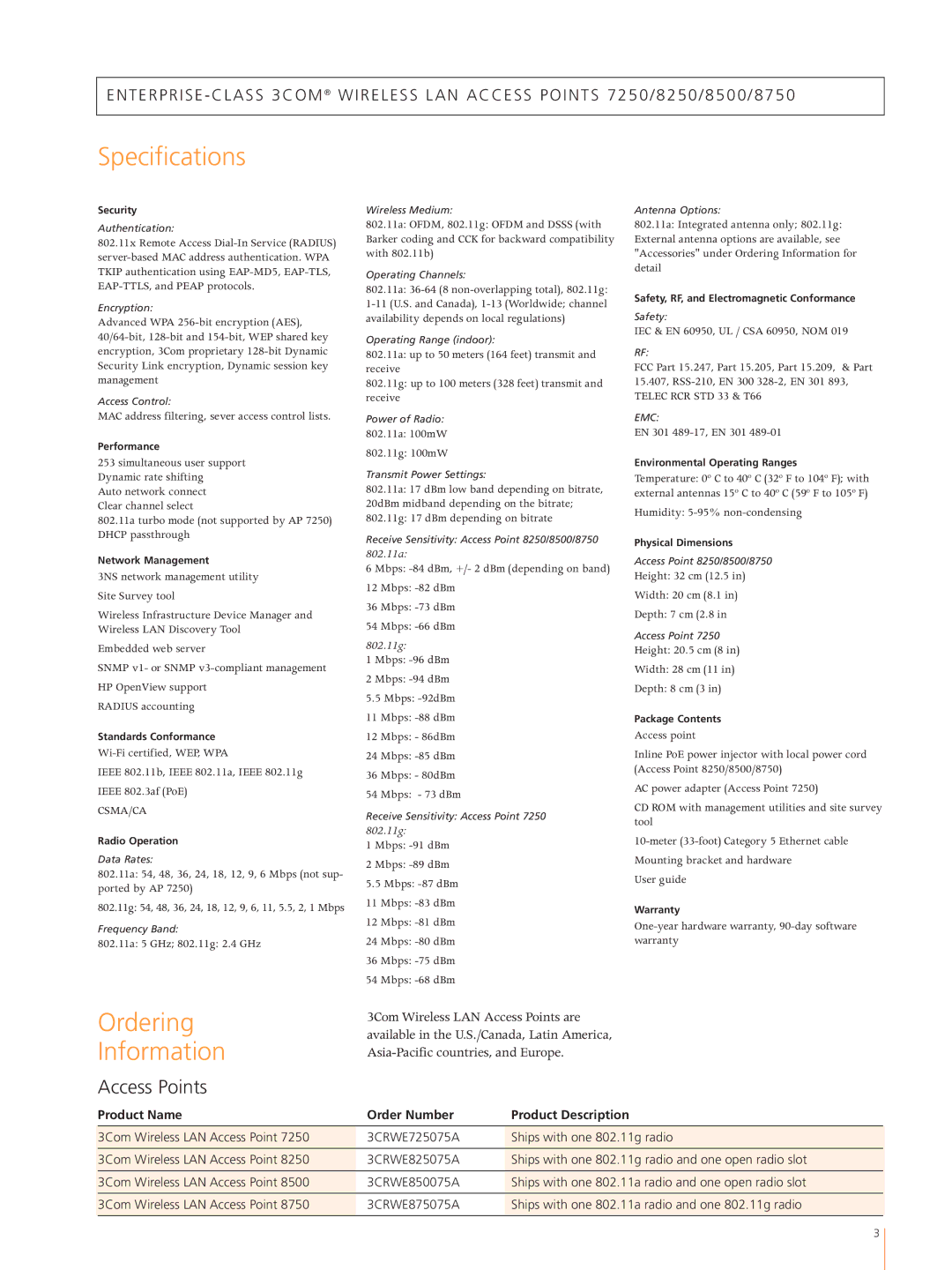 3Com 8750, 8500, 8250 Specifications, Ordering Information, Access Points, Product Name Order Number Product Description 