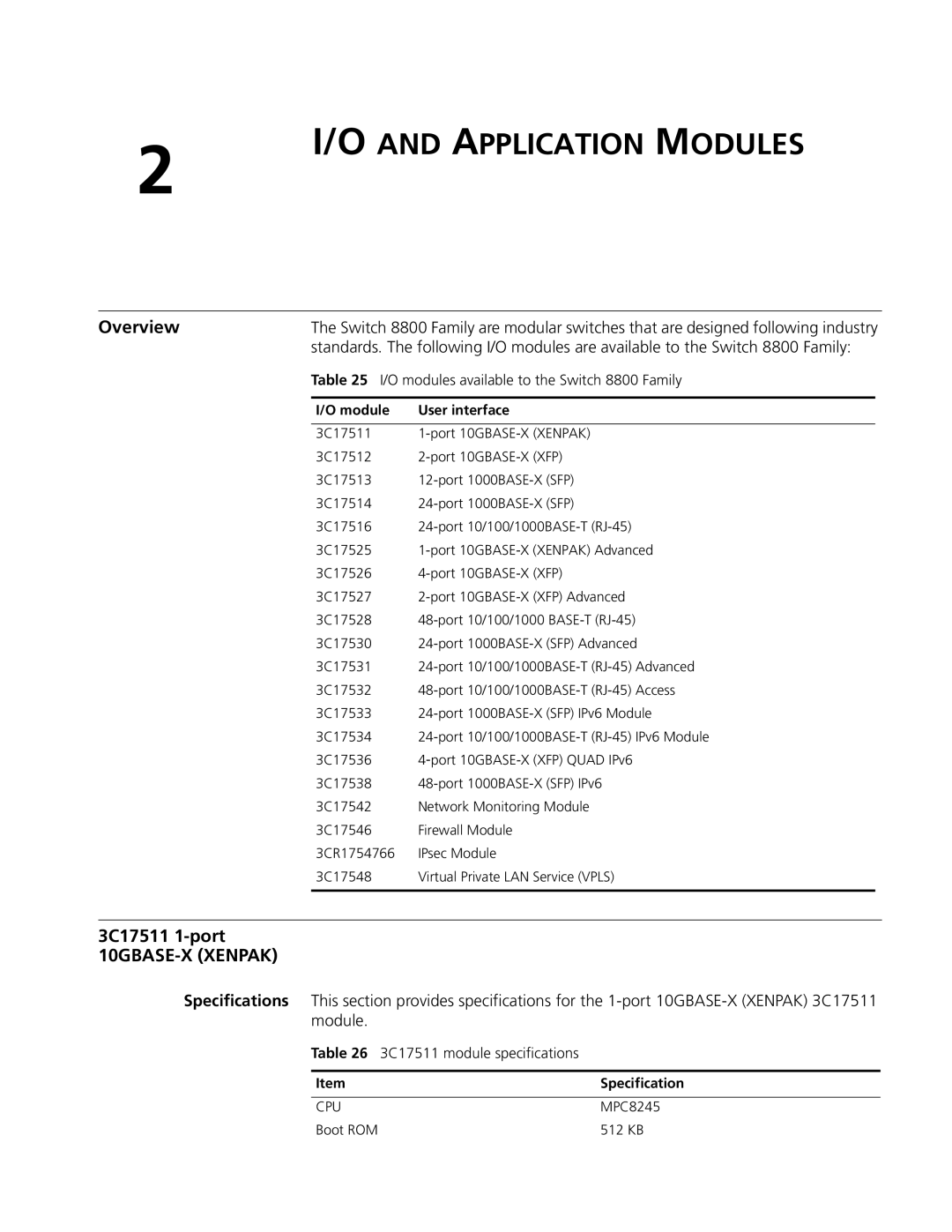 3Com 8810 Application Modules, Overview, 3C17511 1-port 10GBASE-X Xenpak, O modules available to the Switch 8800 Family 