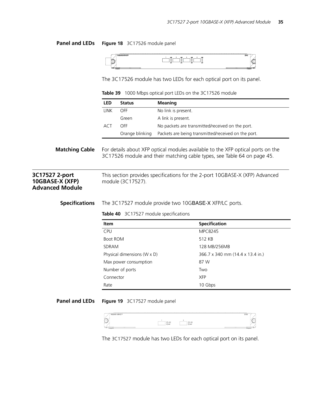 3Com 8810 3C17527 2-port 10GBASE-X XFP Advanced Module, Panel and LEDs 3C17526 module panel, 3C17527 module specifications 