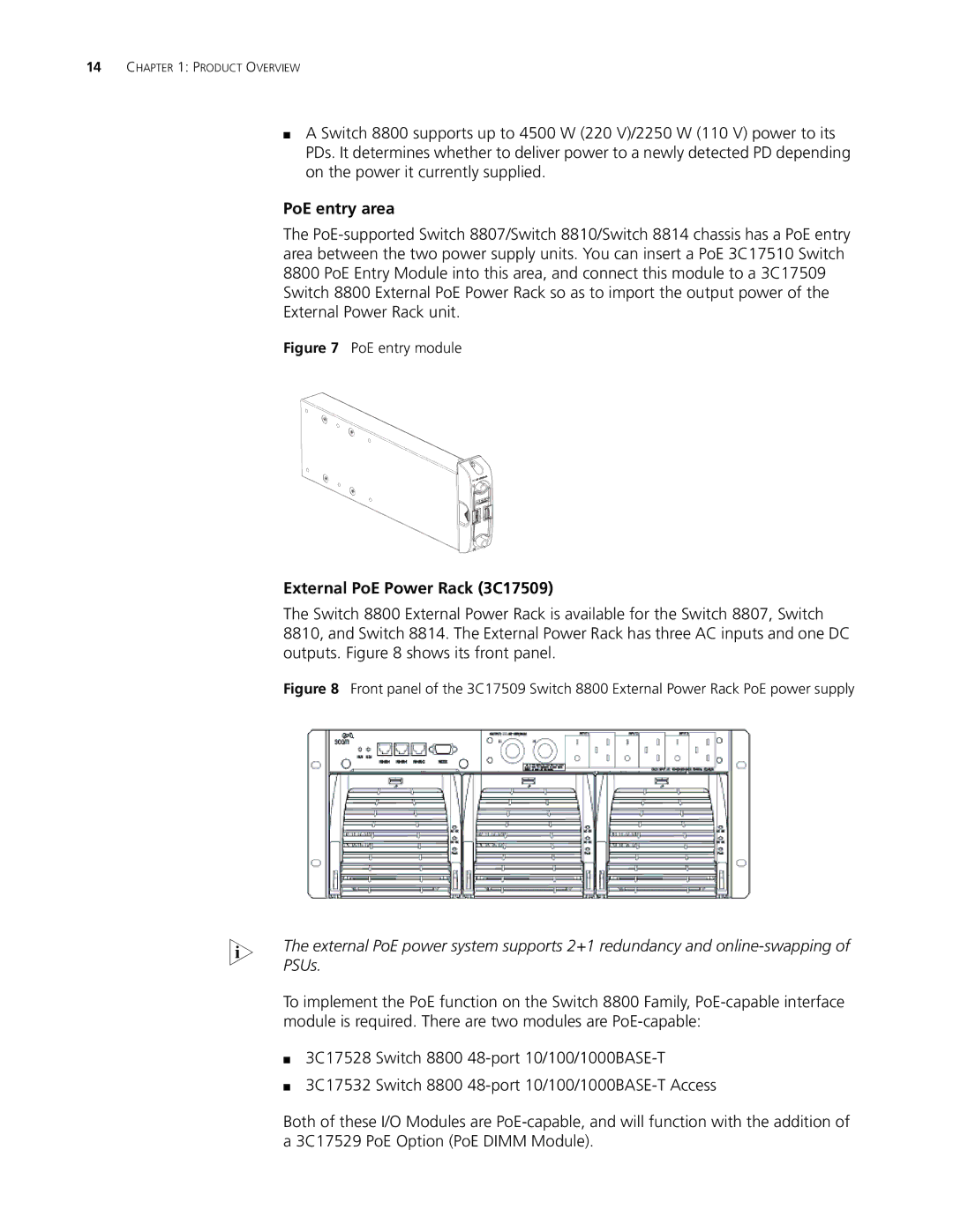 3Com 8810, 8807, 8814 manual PoE entry area, External PoE Power Rack 3C17509 