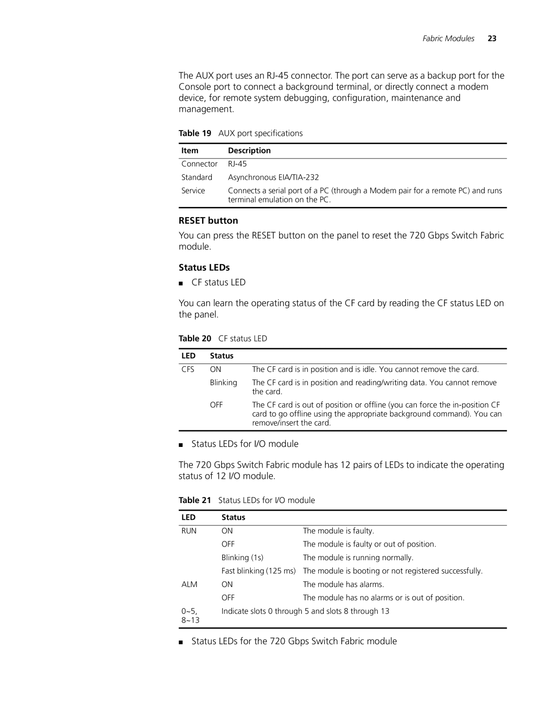 3Com 8810, 8807, 8814 manual Status LEDs for the 720 Gbps Switch Fabric module, AUX port specifications 