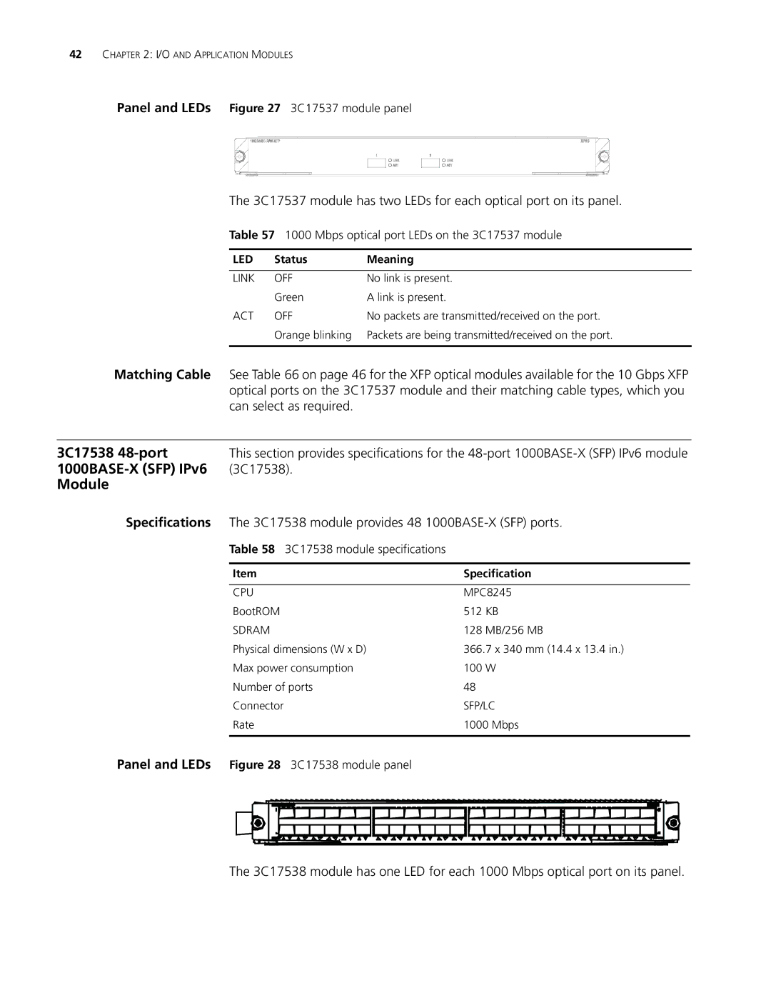 3Com 8807 3C17538 48-port 1000BASE-X SFP IPv6 Module, Panel and LEDs 3C17537 module panel, 3C17538 module specifications 