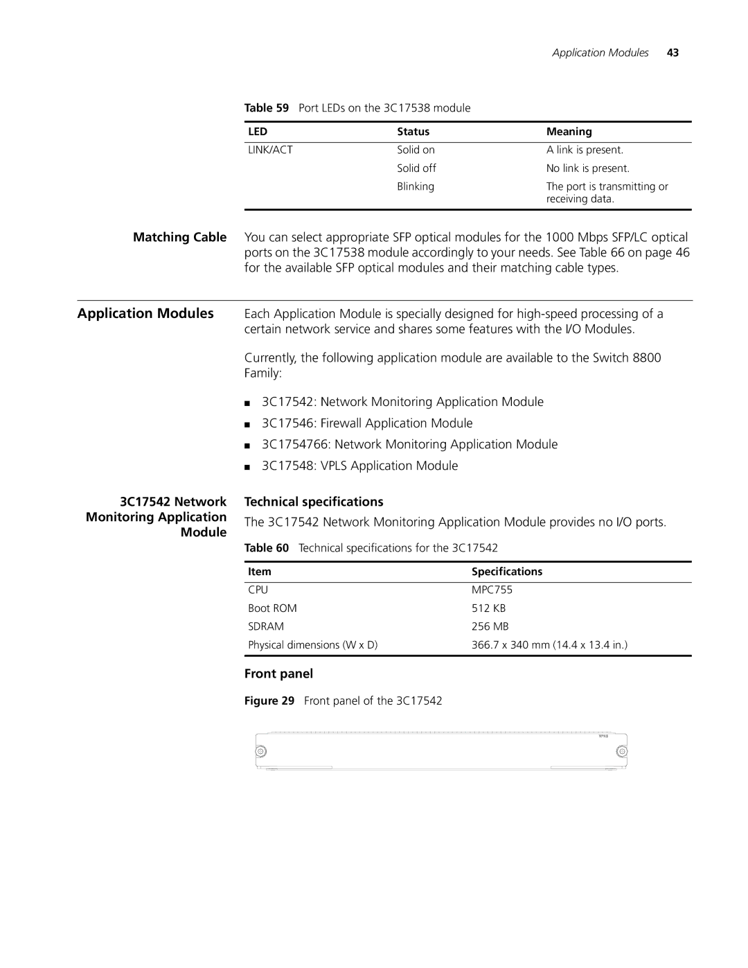 3Com 8814, 8807, 8810 manual Front panel, Technical specifications for the 3C17542 