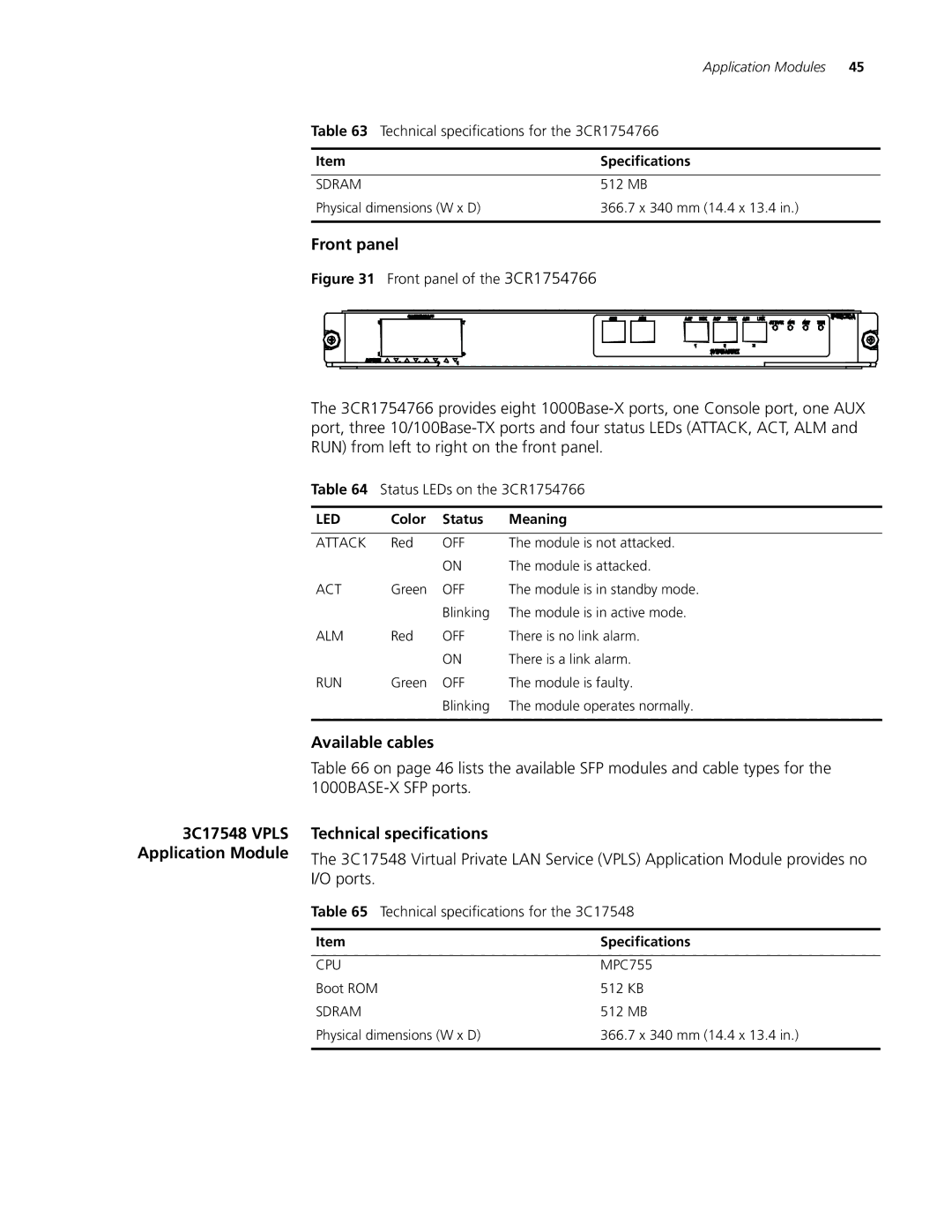 3Com 8807, 8814, 8810 manual Status LEDs on the 3CR1754766, Technical specifications for the 3C17548 