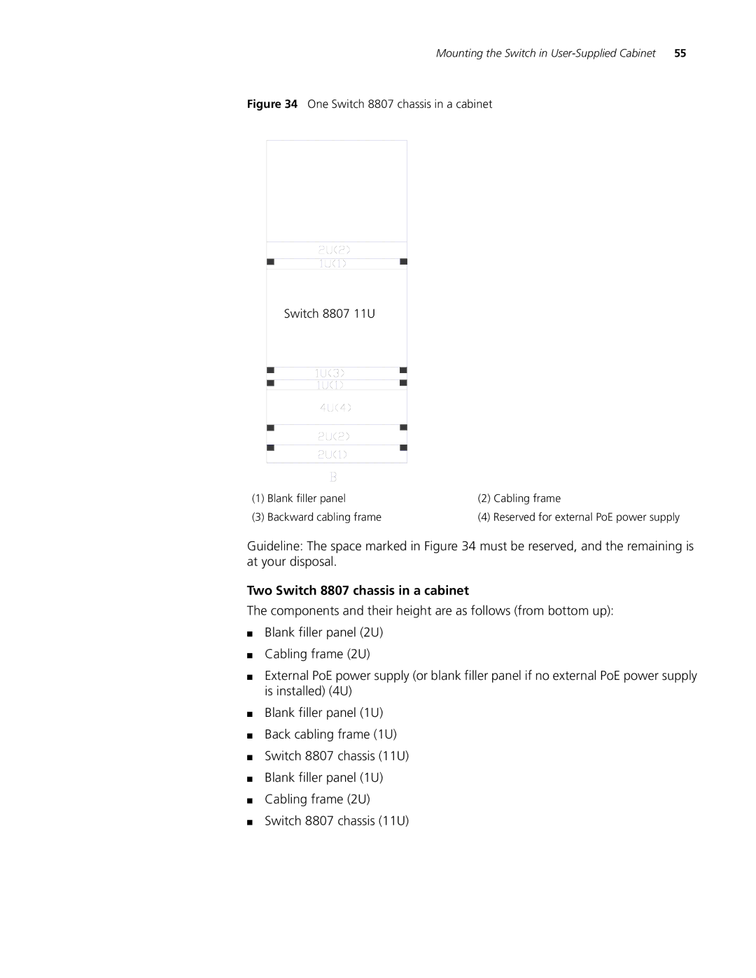 3Com 8814, 8810 manual Two Switch 8807 chassis in a cabinet, One Switch 8807 chassis in a cabinet Switch 8807 11U 