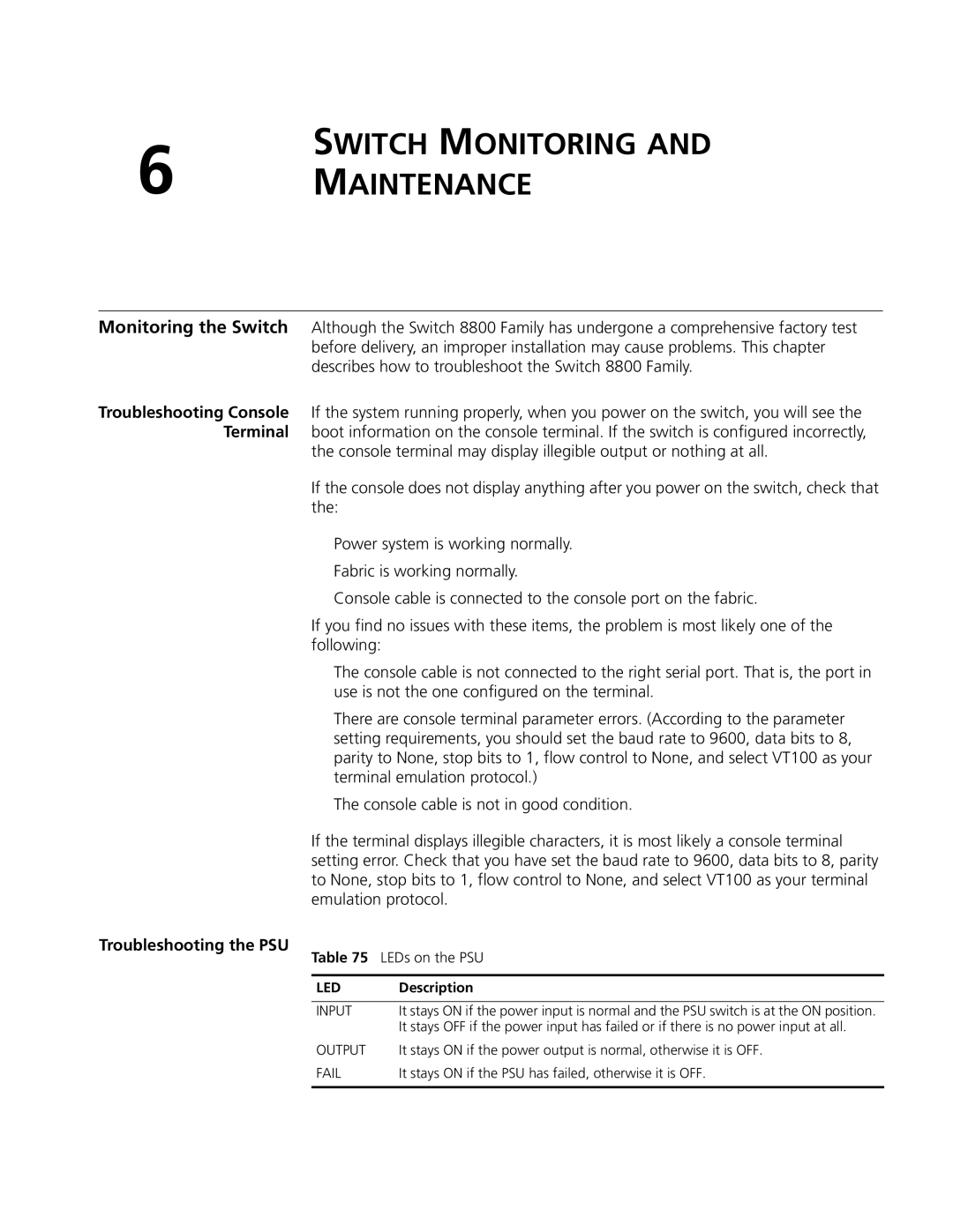 3Com 8814, 8807, 8810 manual Troubleshooting the PSU, LEDs on the PSU 