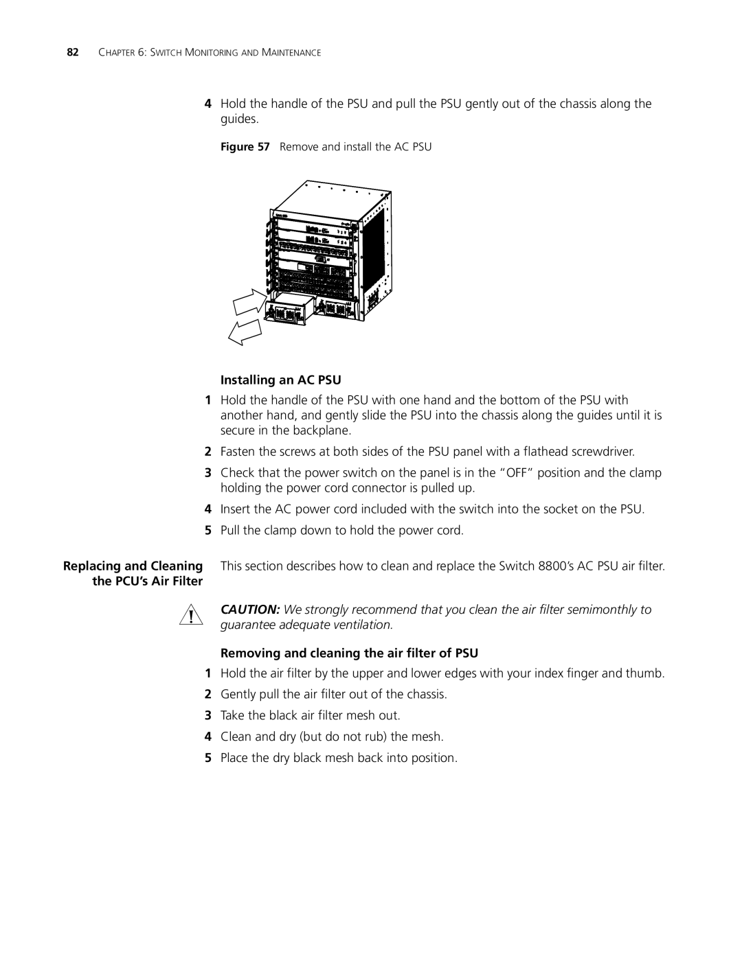 3Com 8814, 8807, 8810 manual Installing an AC PSU, Removing and cleaning the air filter of PSU 