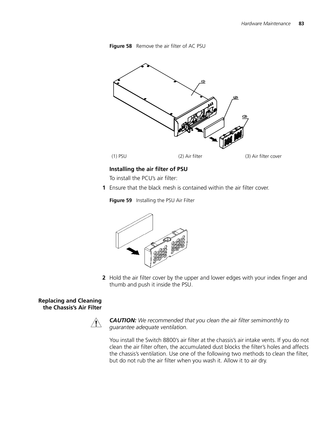 3Com 8810, 8807, 8814 manual Installing the air filter of PSU, Replacing and Cleaning Chassis’s Air Filter 