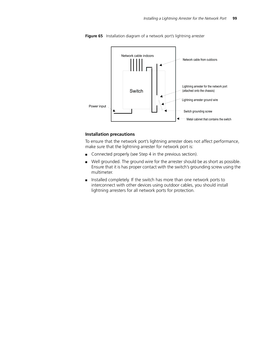 3Com 8807, 8814, 8810 manual Installation precautions, Installation diagram of a network port’s lightning arrester 