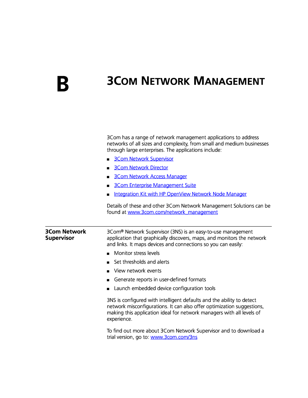 3Com 8810 3COM NETWORK MANAGEMENT, 3Com Network Supervisor, 3Com Network Director, 3Com Network Access Manager 