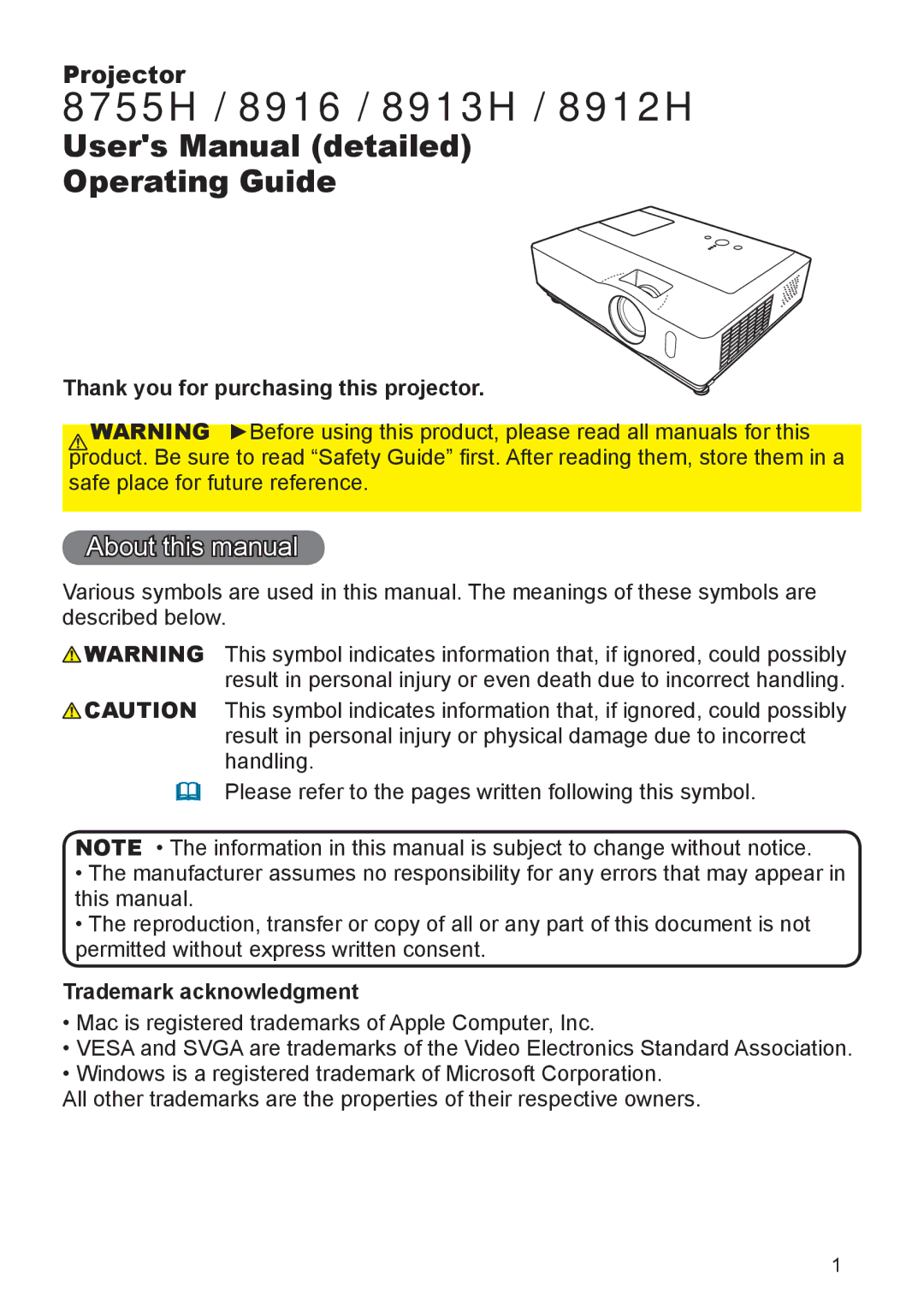 3Com 8916, 8913H, 8912H user manual About this manual, Thank you for purchasing this projector, Trademark acknowledgment 