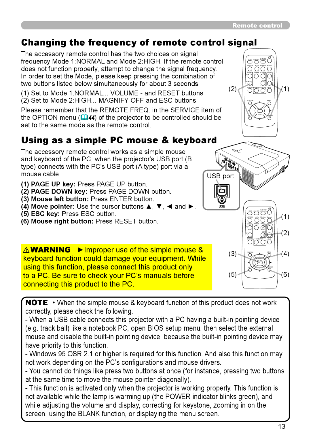 3Com 8916, 8913H, 8912H, 8755H Changing the frequency of remote control signal, Using as a simple PC mouse & keyboard 