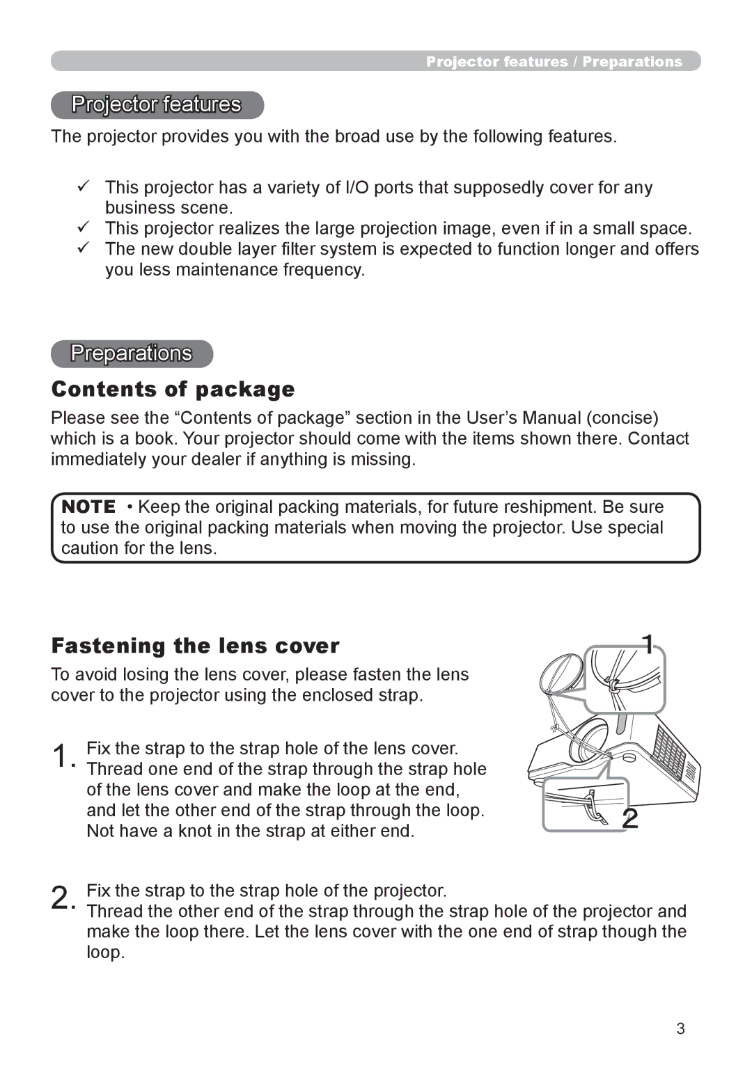 3Com 8755H, 8913H, 8916, 8912H user manual Contents of package, Fastening the lens cover 