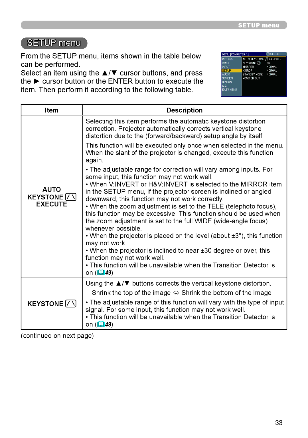 3Com 8916, 8913H, 8912H, 8755H user manual Setup menu 