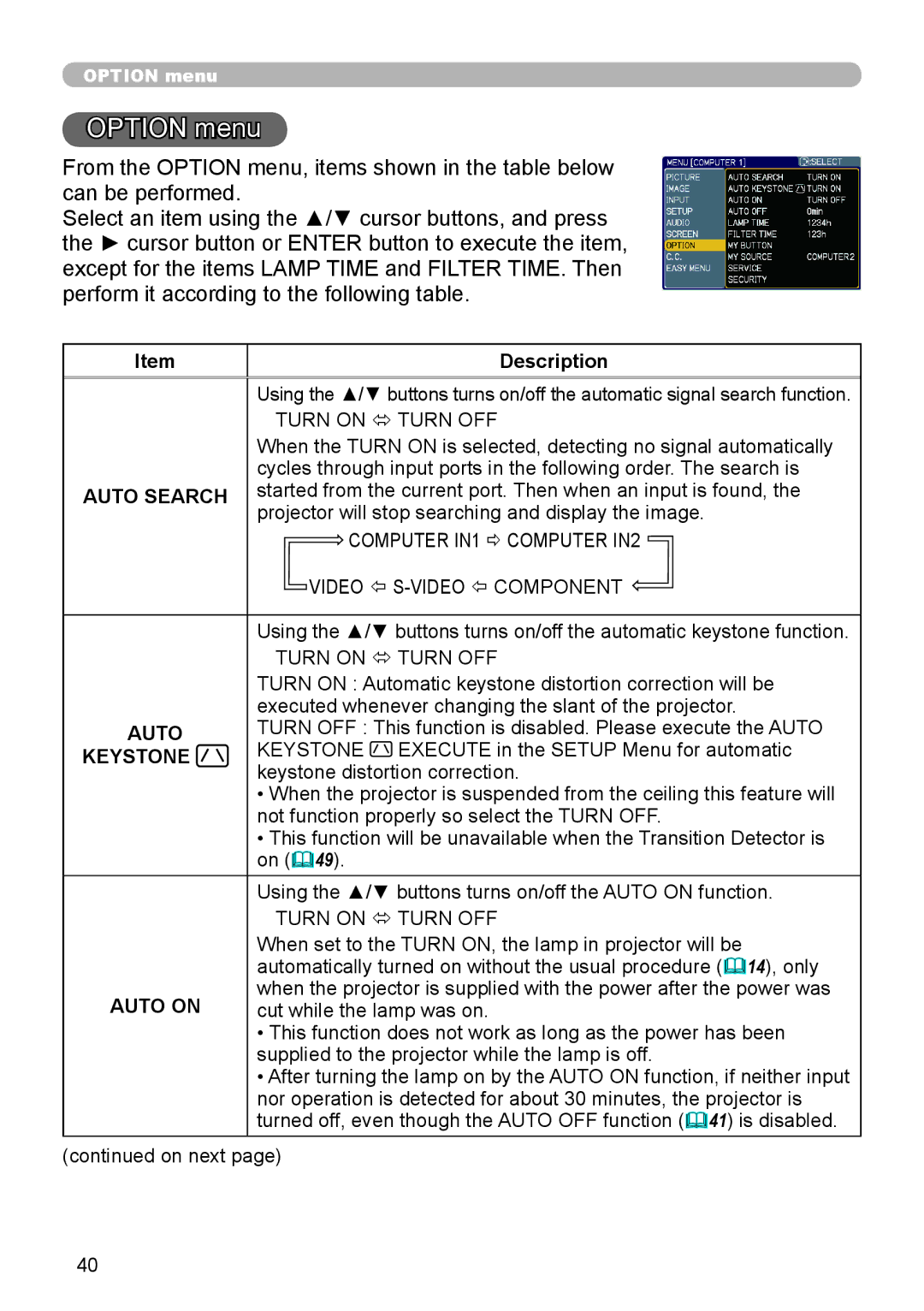 3Com 8913H, 8916, 8912H, 8755H user manual Option menu, Auto Search, Auto on 