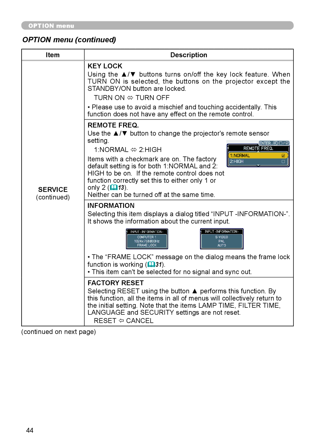 3Com 8913H, 8916, 8912H, 8755H user manual KEY Lock, Remote Freq, Information, Factory Reset 