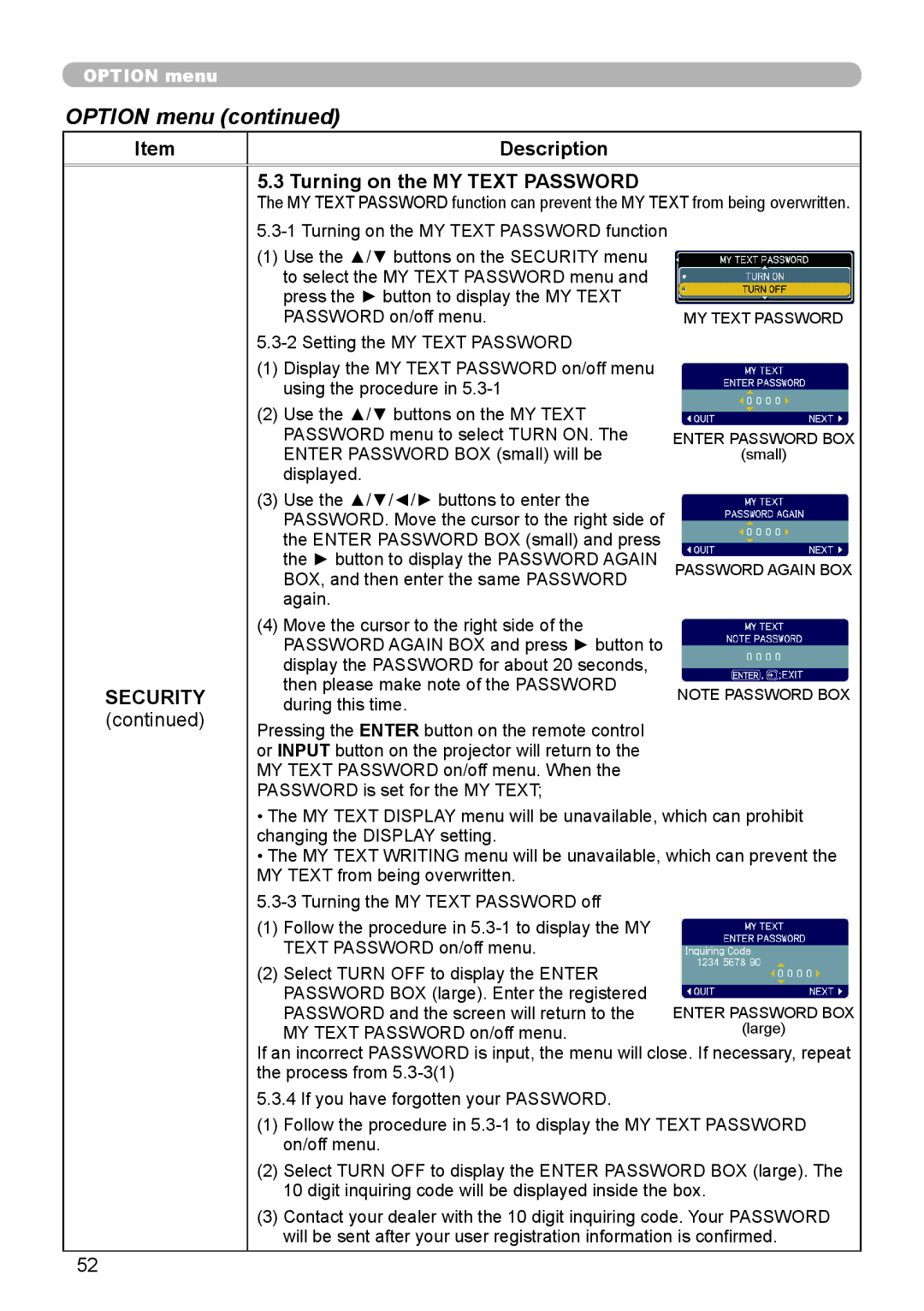 3Com 8913H, 8916, 8912H, 8755H user manual Description Turning on the MY Text Password 