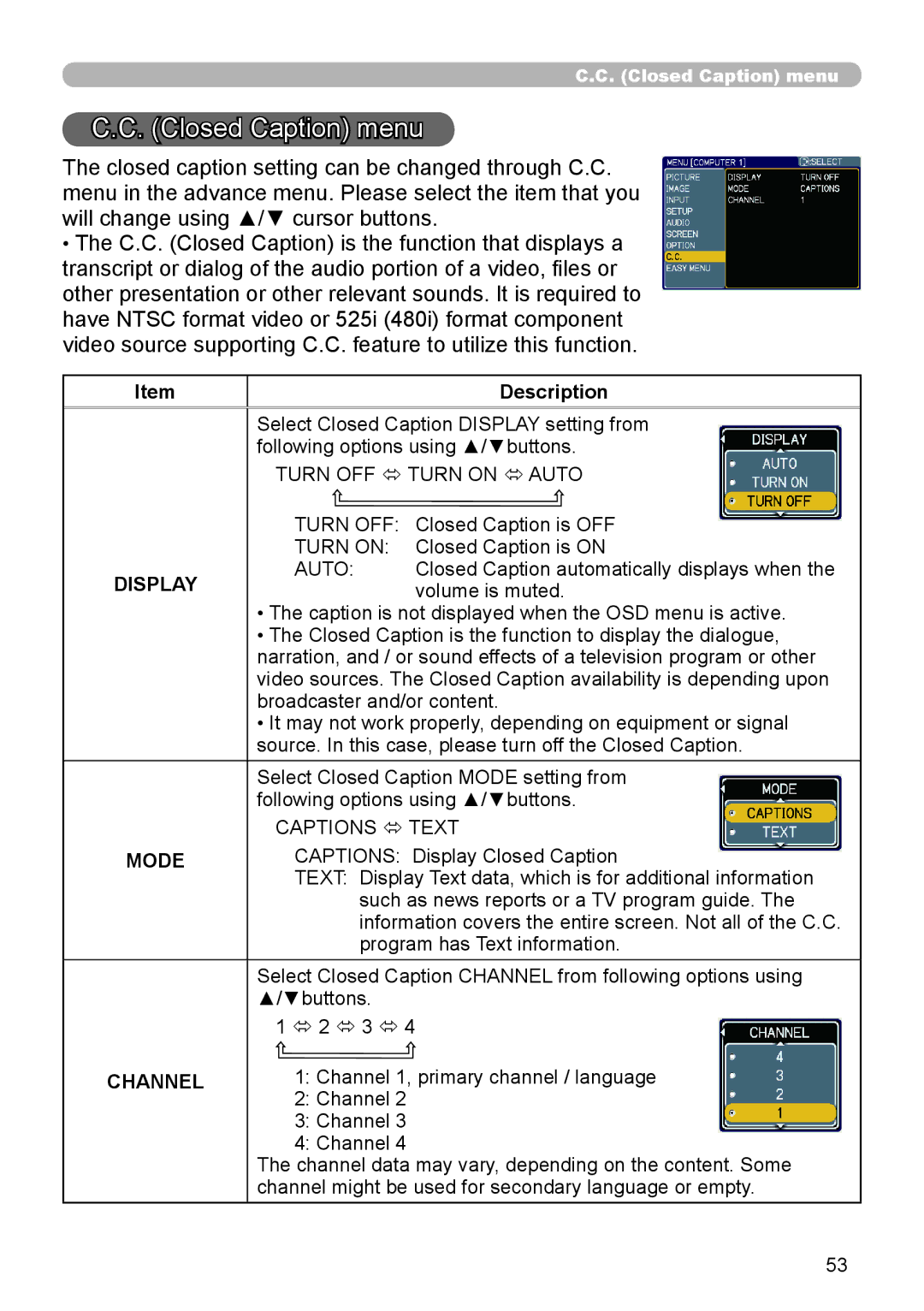 3Com 8916, 8913H, 8912H, 8755H user manual Closed Caption menu, Display, Mode, Channel 