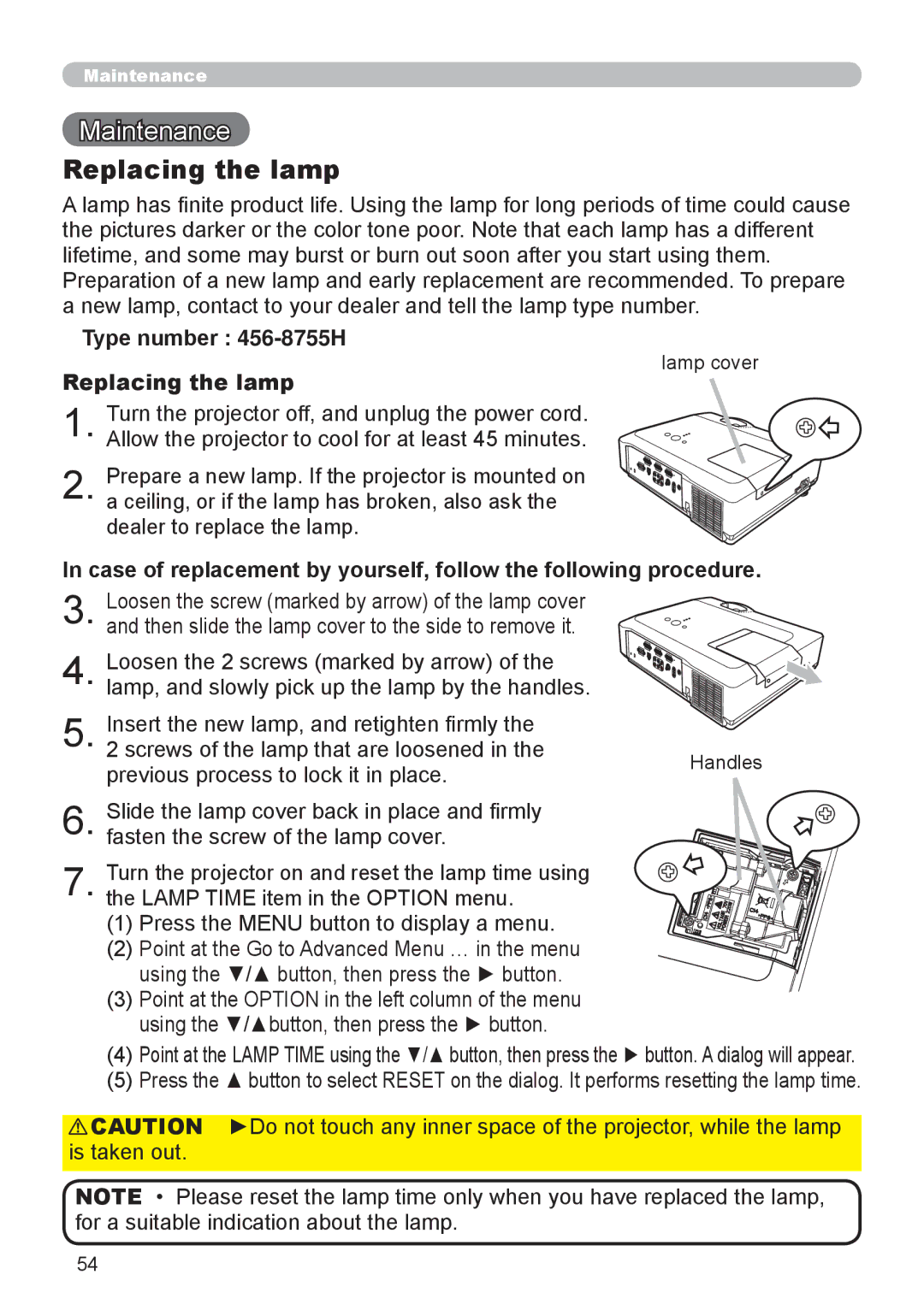 3Com 8912H, 8913H, 8916 user manual Maintenance, Type number 456-8755H Replacing the lamp, Lamp cover 