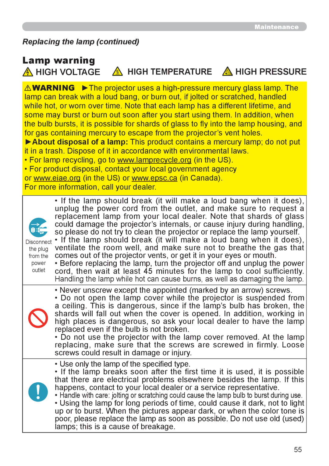 3Com 8755H, 8913H, 8916, 8912H user manual Lamp warning, Replacing the lamp 