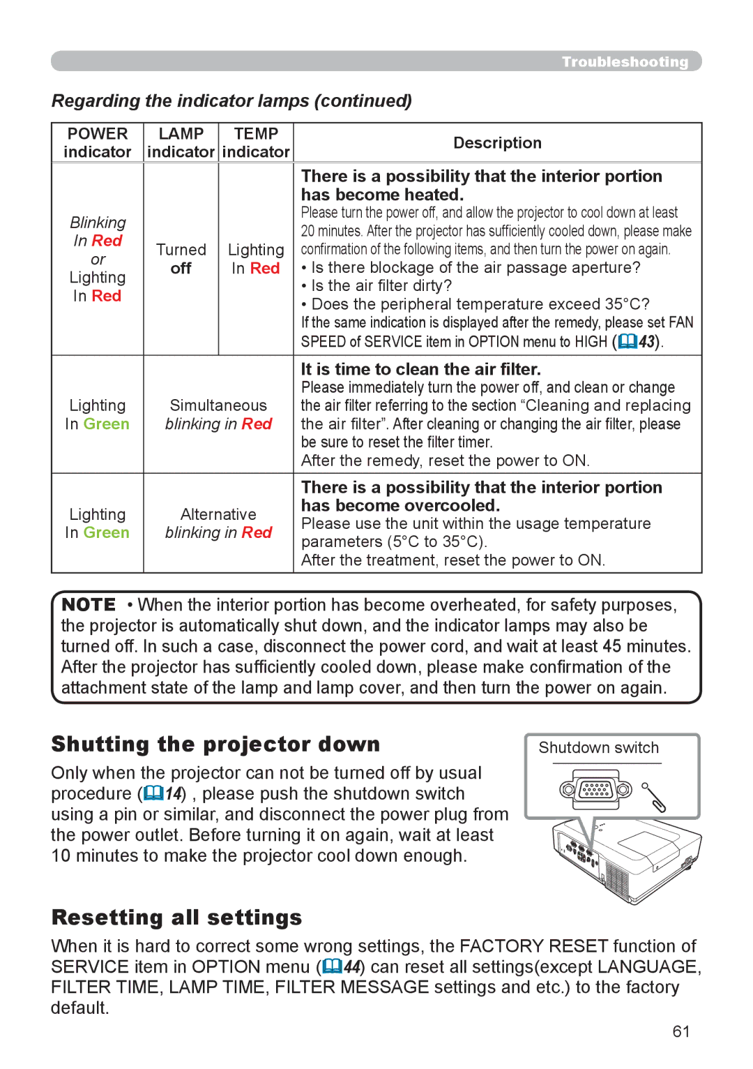 3Com 8916, 8913H, 8912H, 8755H user manual Shutting the projector down, Resetting all settings 